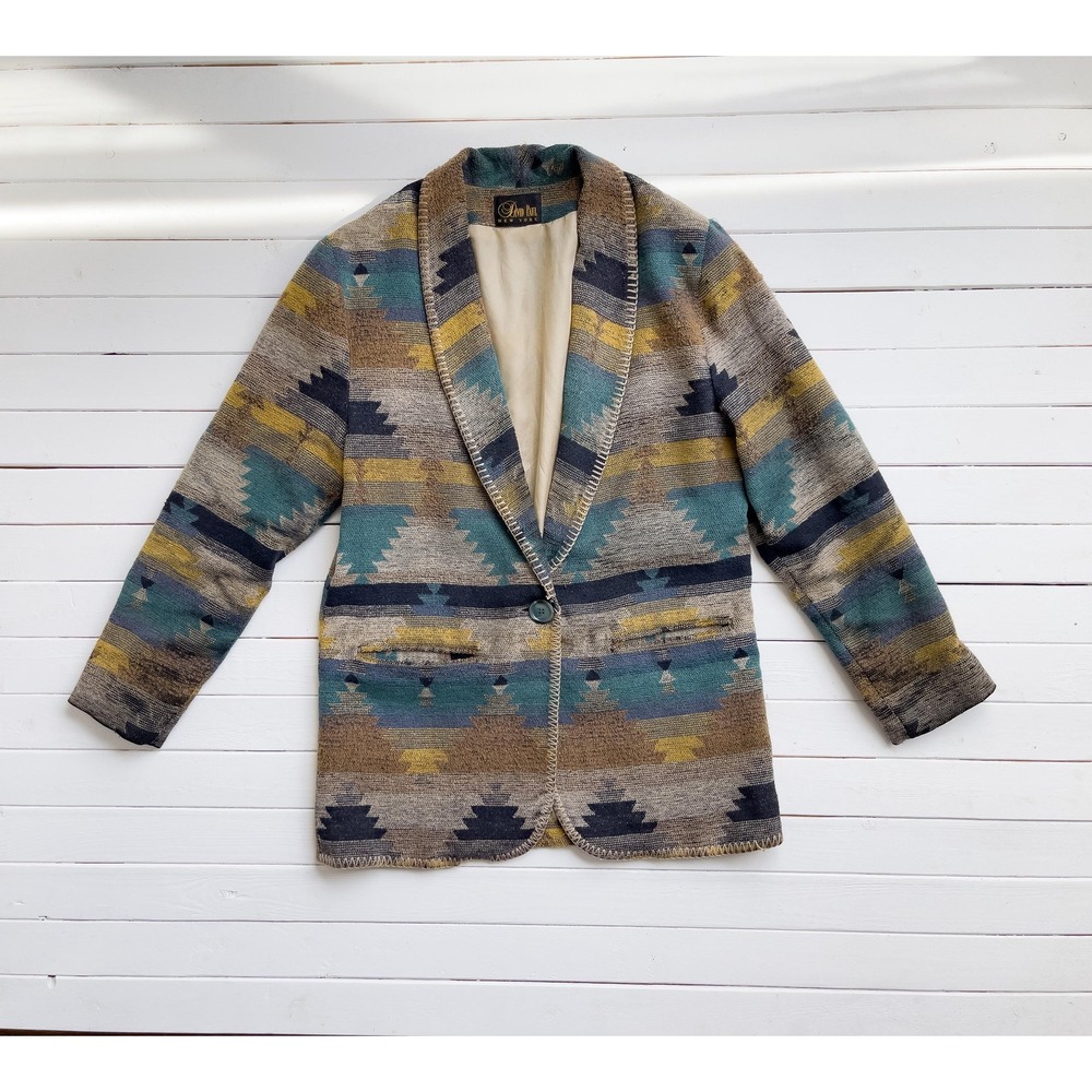 David Paul Blazer Jacket Vintage 90s Aztec Southwestern M Brown Blanket Stitch